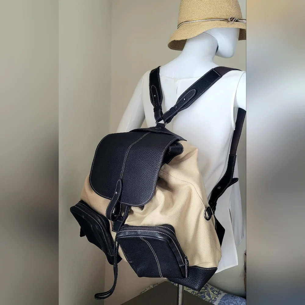 Tod's Brown Leather Canvas Large Backpack Bag Authentic